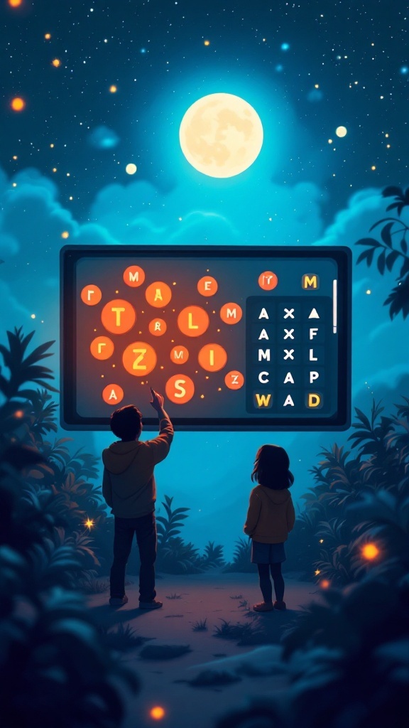 Children playing a visual pattern recognition game under a starry night sky