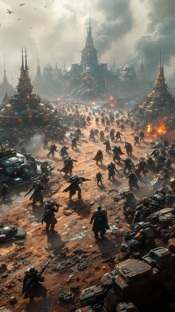 A battle scene from Warhammer 40,000: Gladius featuring armored soldiers and war-torn landscapes.