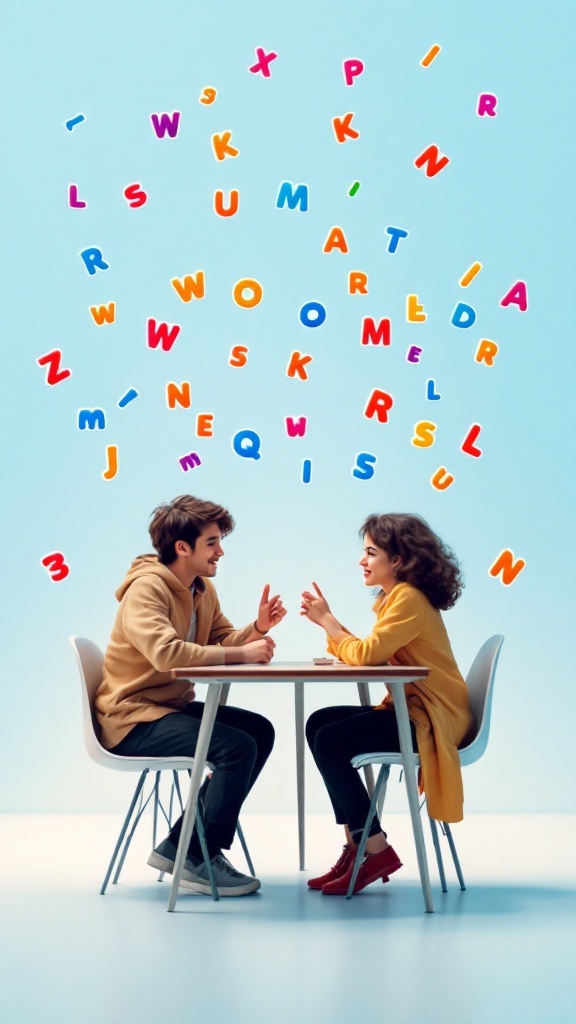 Two people engaged in a word game, surrounded by colorful letters.