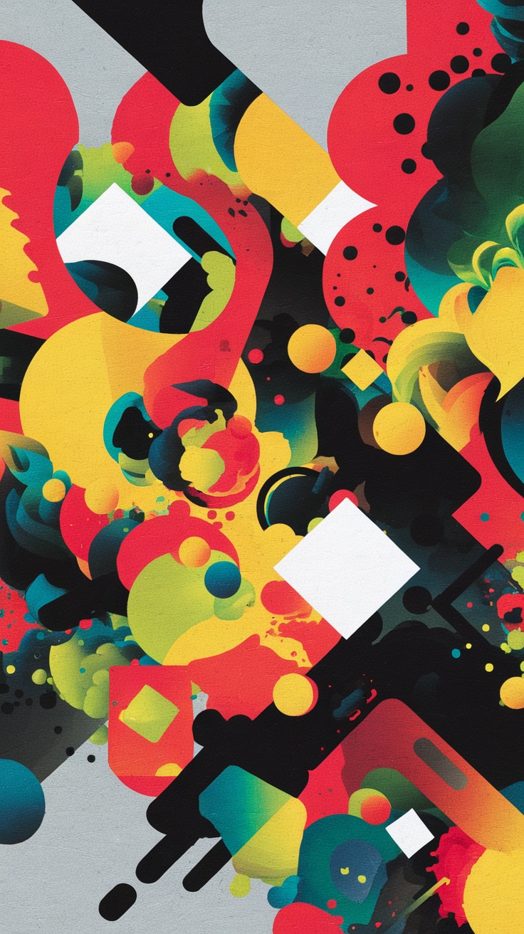 Colorful abstract art featuring swirls and geometric shapes in red, yellow, green, and black.