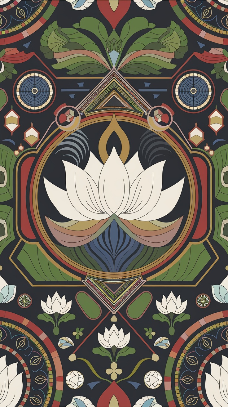 A detailed wallpaper design featuring a central lotus flower surrounded by intricate patterns and vibrant colors.
