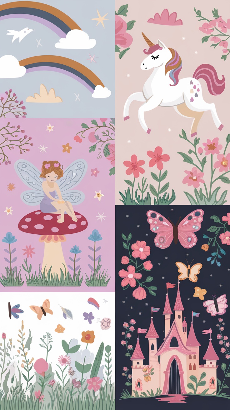 A collage of whimsical and dreamy aesthetic backgrounds featuring rainbows, a unicorn, a fairy on a mushroom, flowers, butterflies, and a pink castle.