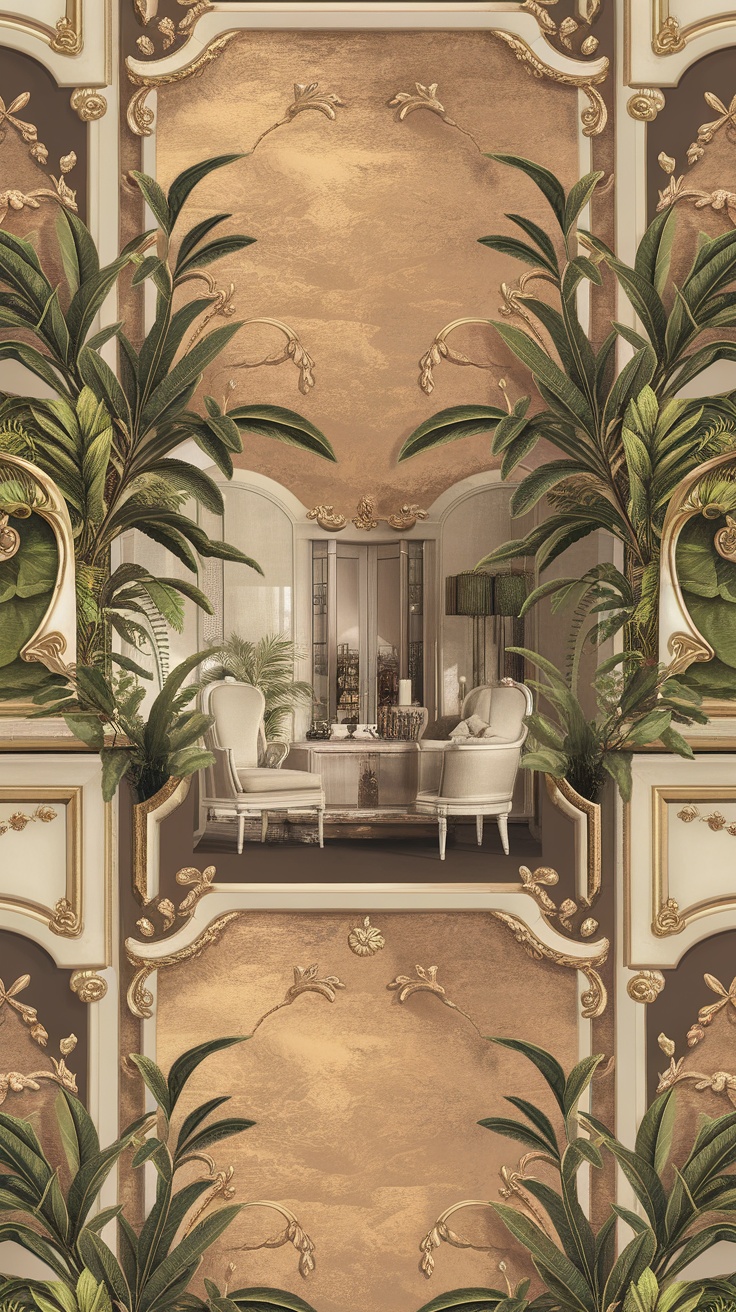 Elegant wallpaper featuring textured finishes with floral and leaf patterns in warm tones