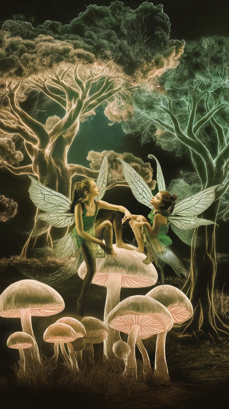 Two fairy girls with wings sitting on glowing mushrooms in a magical forest.