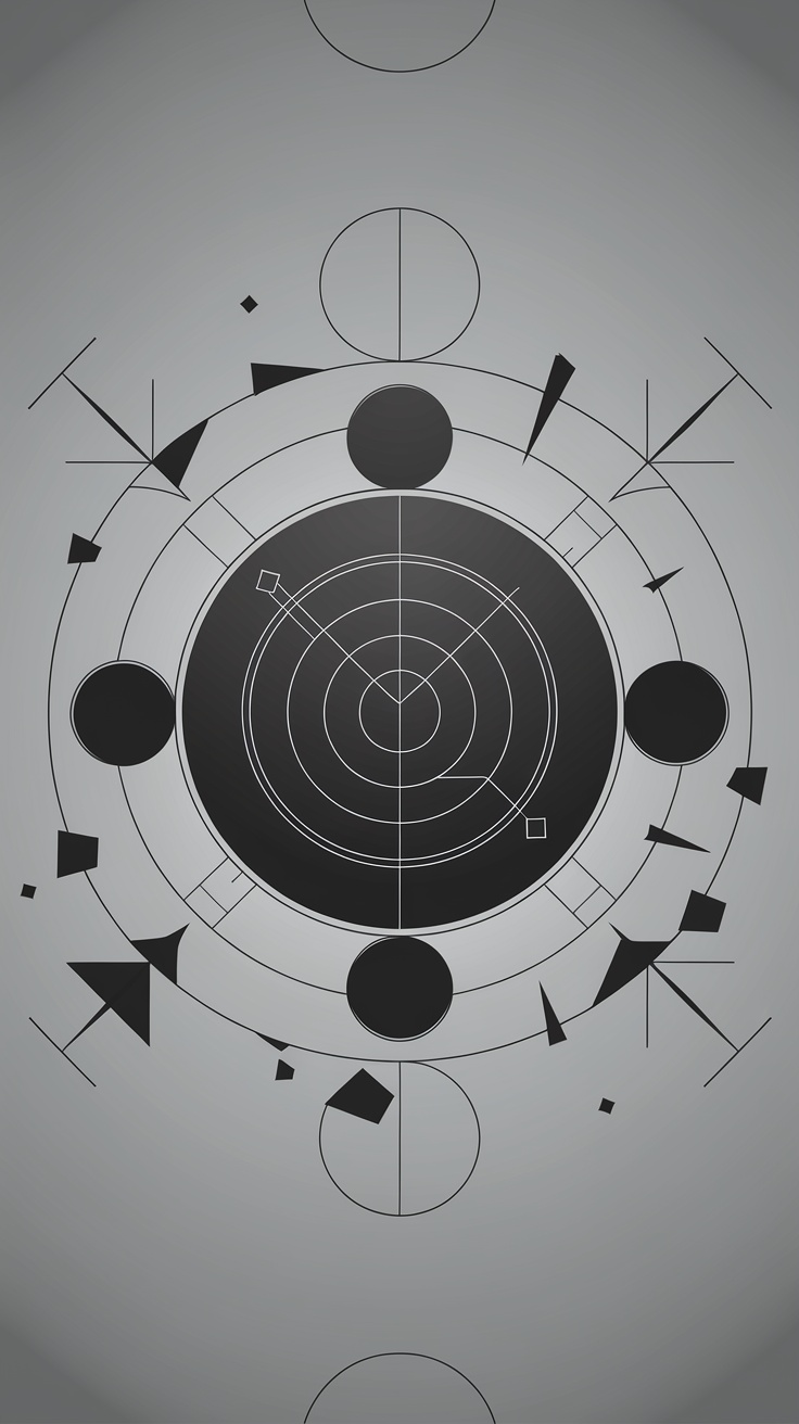 Minimalist wallpaper design featuring geometric shapes in black and white.