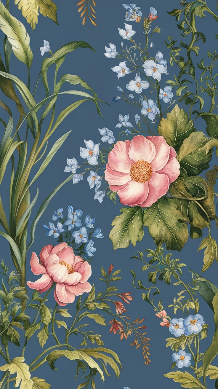 Nature-inspired floral wallpaper featuring pink and blue flowers with green leaves on a blue background.