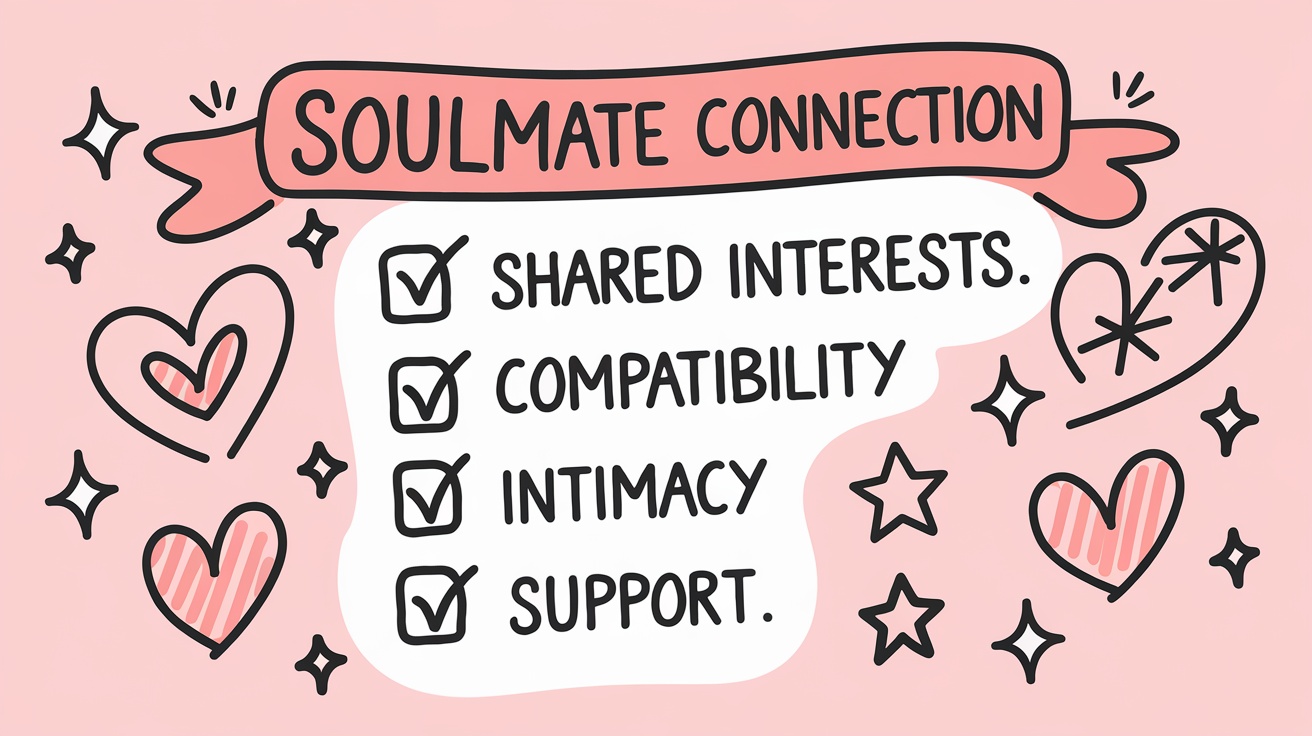 Illustration of soulmate connection features: shared interests, compatibility, intimacy, support.