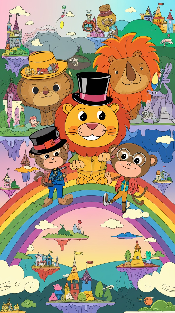 Whimsical cartoon characters including a lion, monkey, and bear, set against a colorful, magical landscape with castles and a rainbow.