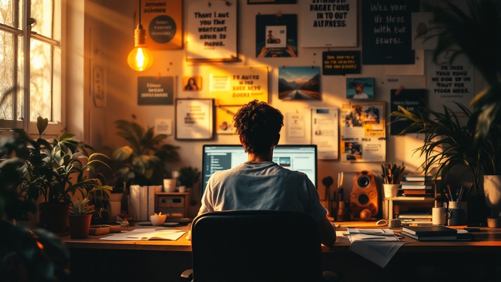 A person working at a desk surrounded by plants and motivational quotes in a well-lit room.