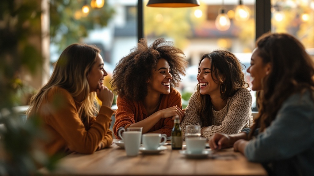 A group of four friends laughing and enjoying coffee together in a cozy cafe.