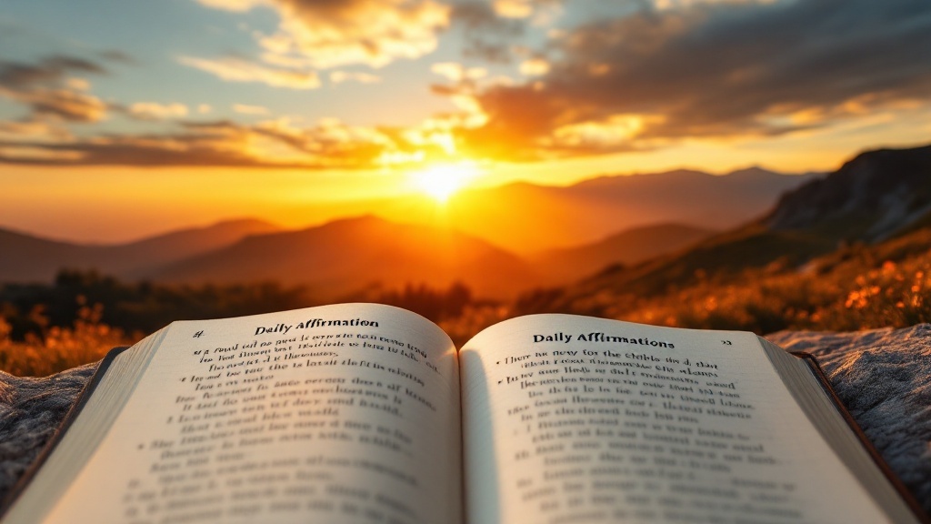 Open book with daily affirmations at sunset