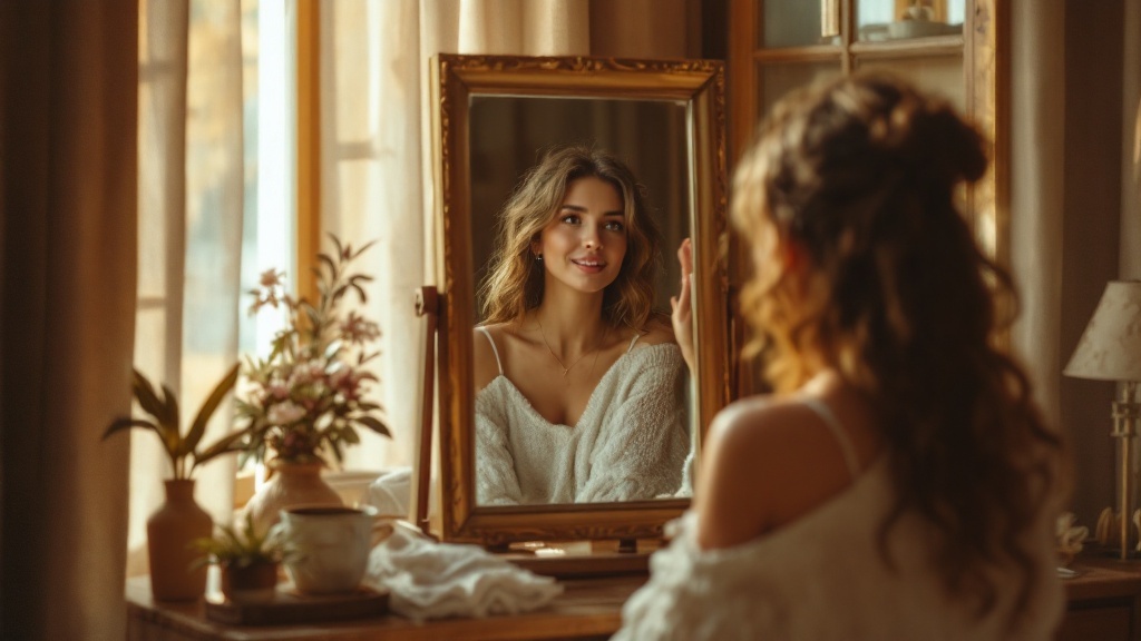 A young woman looking at her reflection in a mirror, smiling, surrounded by warm light and flowers.