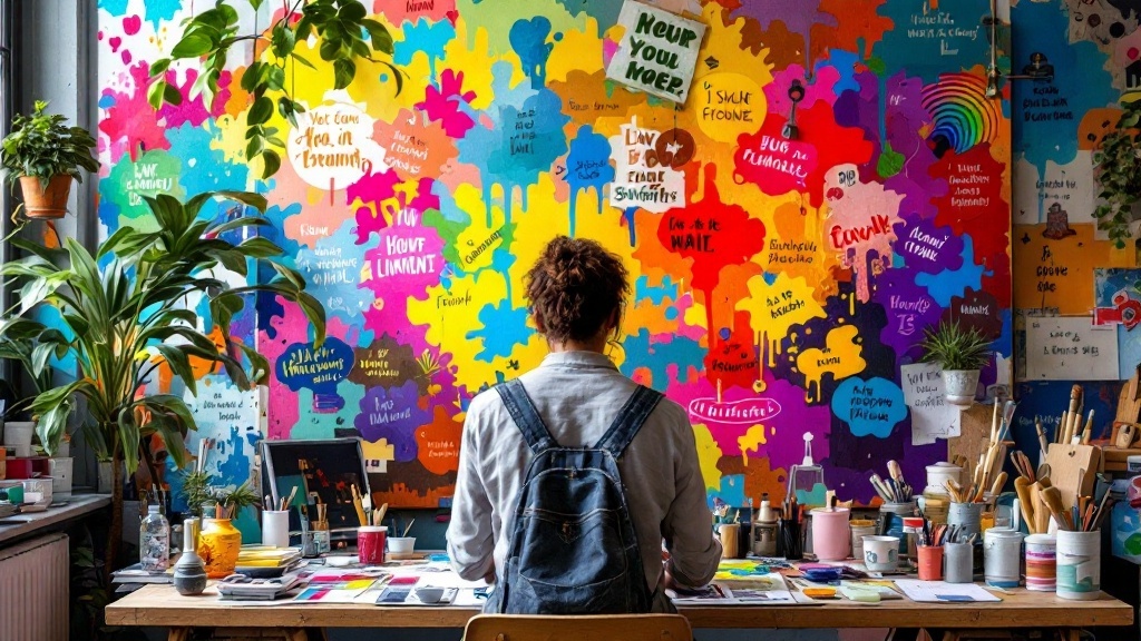 A colorful workspace with a wall of positive affirmations and creative supplies, showcasing an artistic atmosphere.