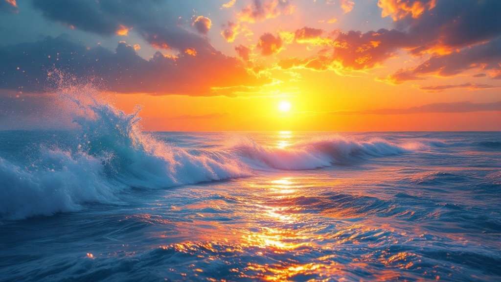 A beautiful sunrise over the ocean, with waves crashing gently.