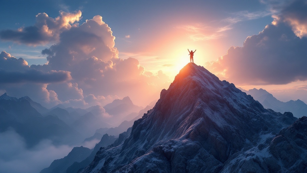A person standing triumphantly on a mountain peak, symbolizing achievement and dreams.