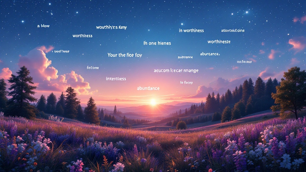 A serene landscape at sunset with the words related to worthiness and abundance overlayed.