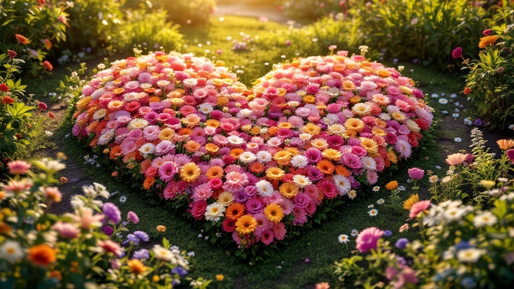 A heart-shaped arrangement of colorful flowers in a lush garden