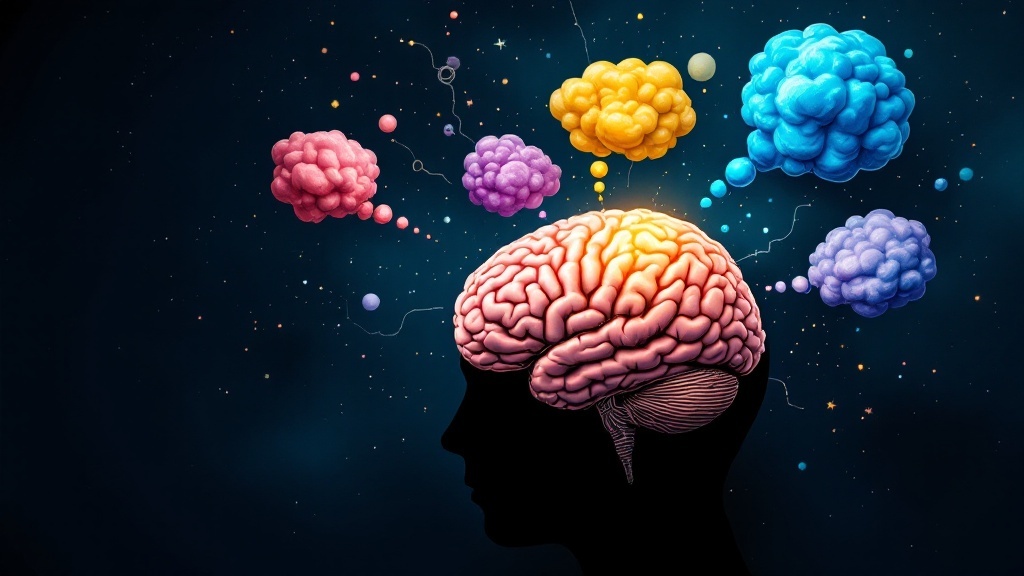 An artistic representation of a brain with colorful thought bubbles, symbolizing the power of thoughts in shaping reality.