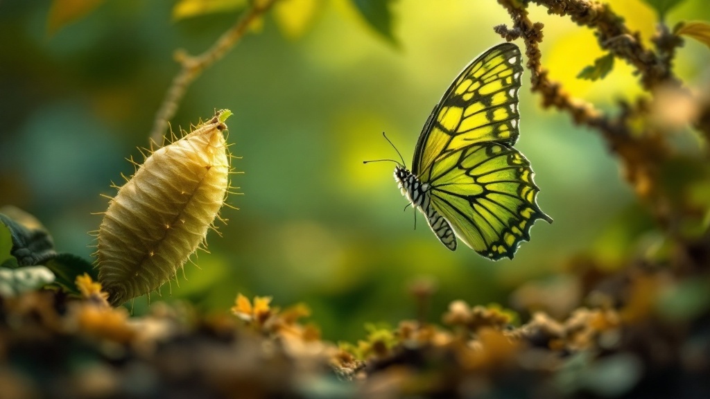 A butterfly emerging from its chrysalis, symbolizing transformation and growth.