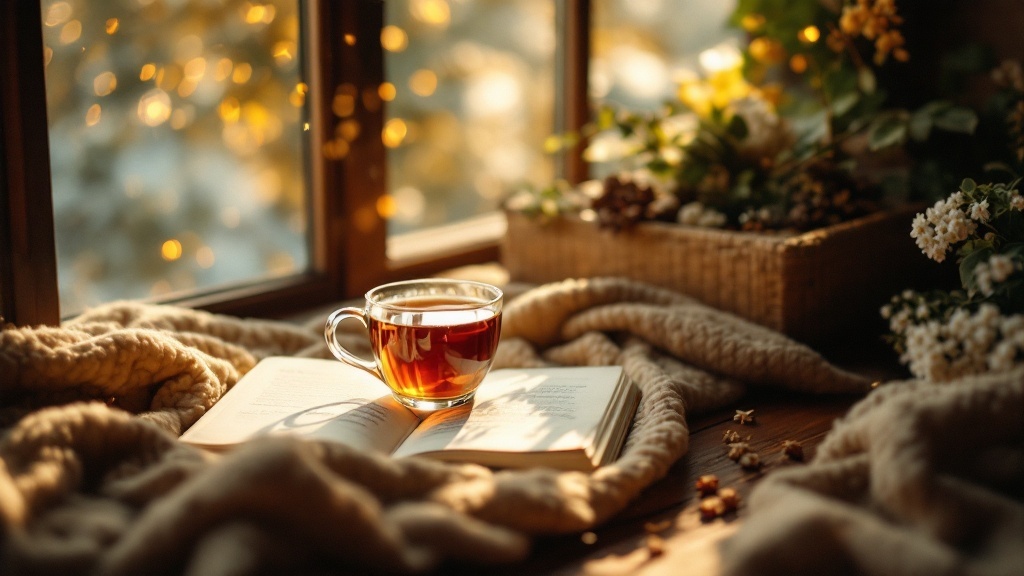 A warm cup of tea on an open book surrounded by a cozy blanket and soft sunlight filtering through a window.