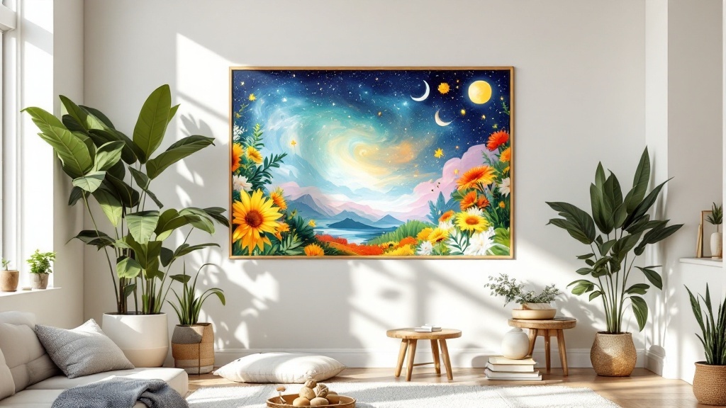 A vibrant landscape painting featuring colorful flowers, mountains, and celestial elements in a bright, inviting room.