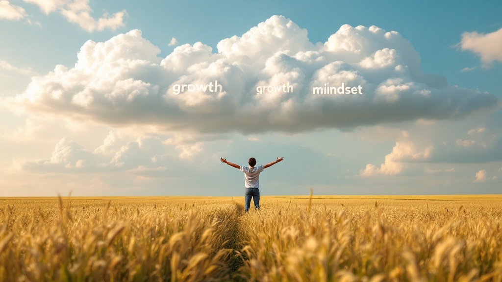A person in a field with arms open, clouds above showing the words 'growth' and 'mindset'.
