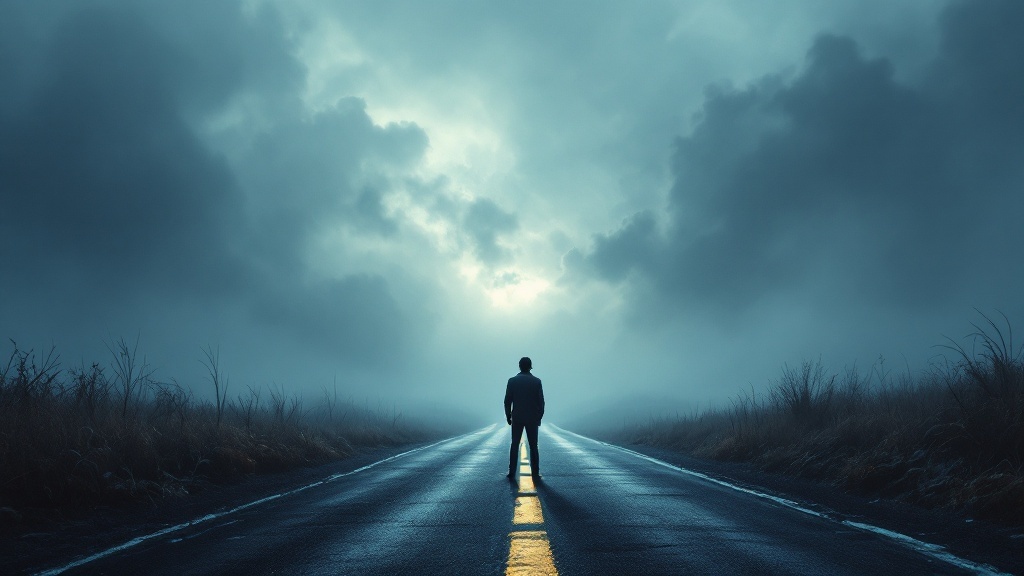 A person standing on a deserted road under a cloudy sky.