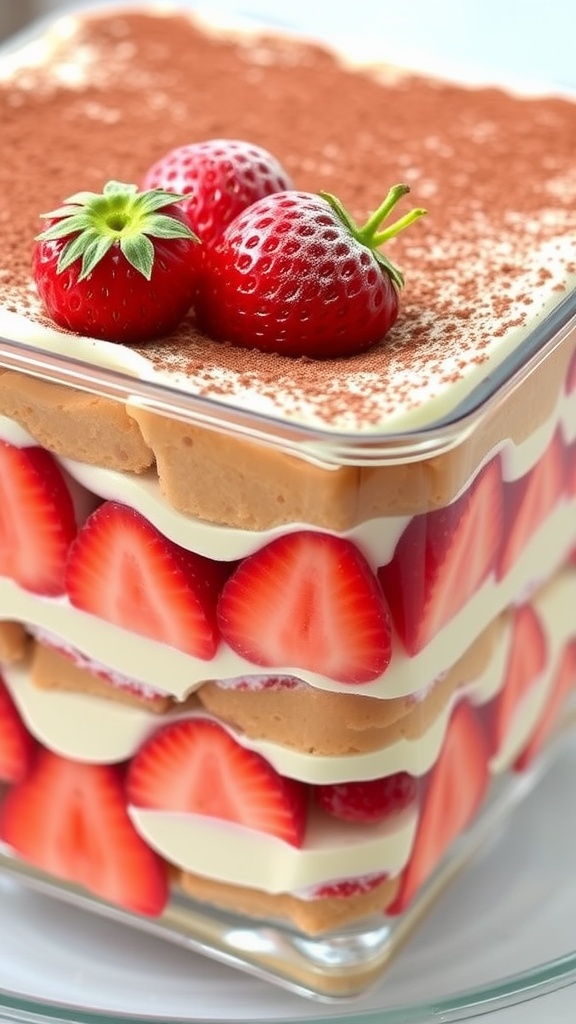 Layered strawberry tiramisu in a glass dish with mascarpone and fresh strawberries, garnished with cocoa powder.