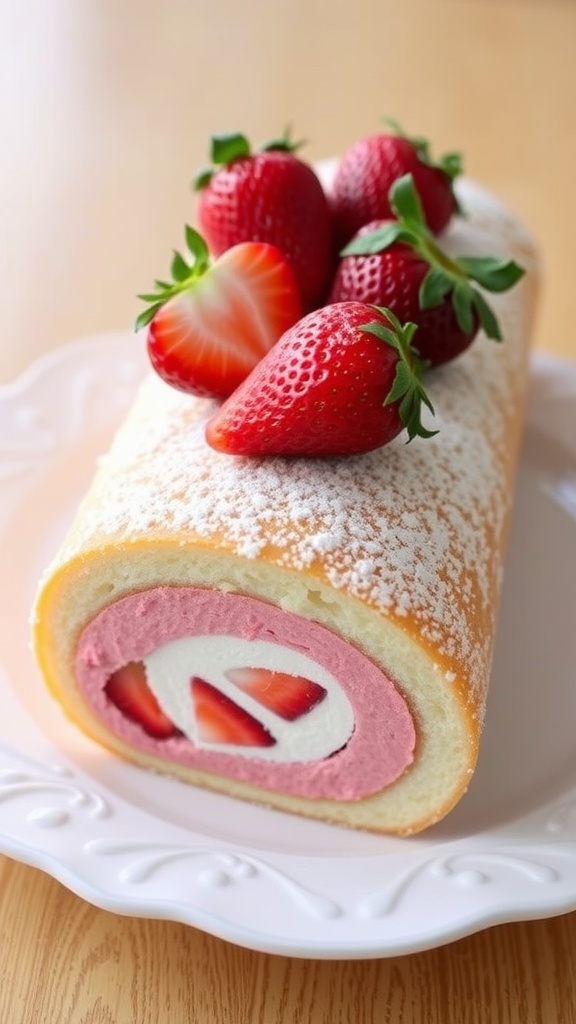 A strawberry cake roll sliced to reveal a pink filling with strawberries, garnished with whole strawberries on a plate.