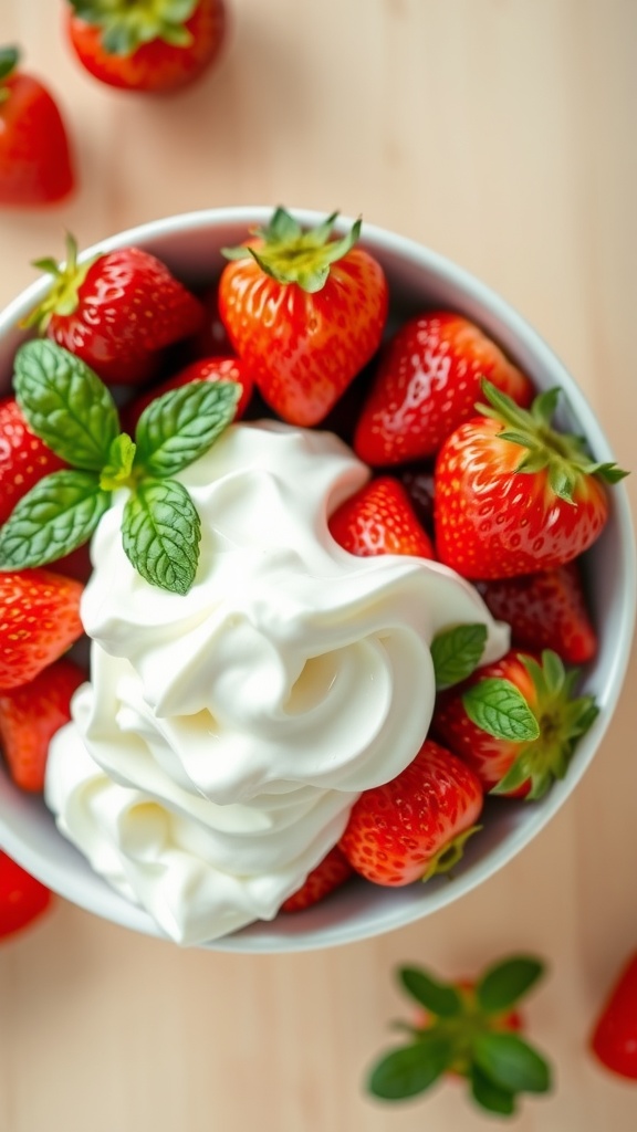 A bowl of strawberries coated in cream, garnished with mint leaves, set on a rustic wooden table.