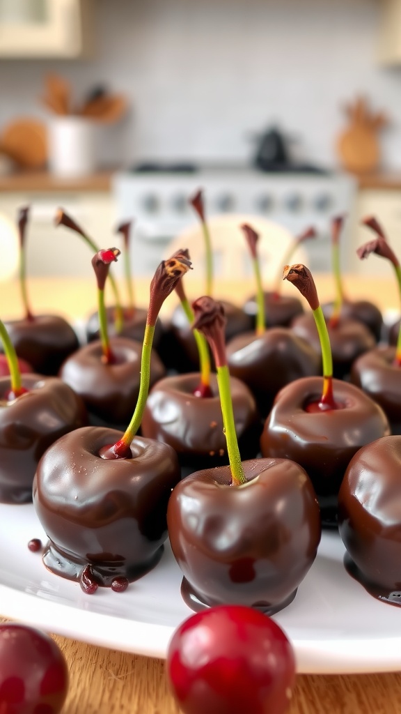 A plate of chocolate covered cherries with rich chocolate coating, set against a cozy kitchen backdrop.