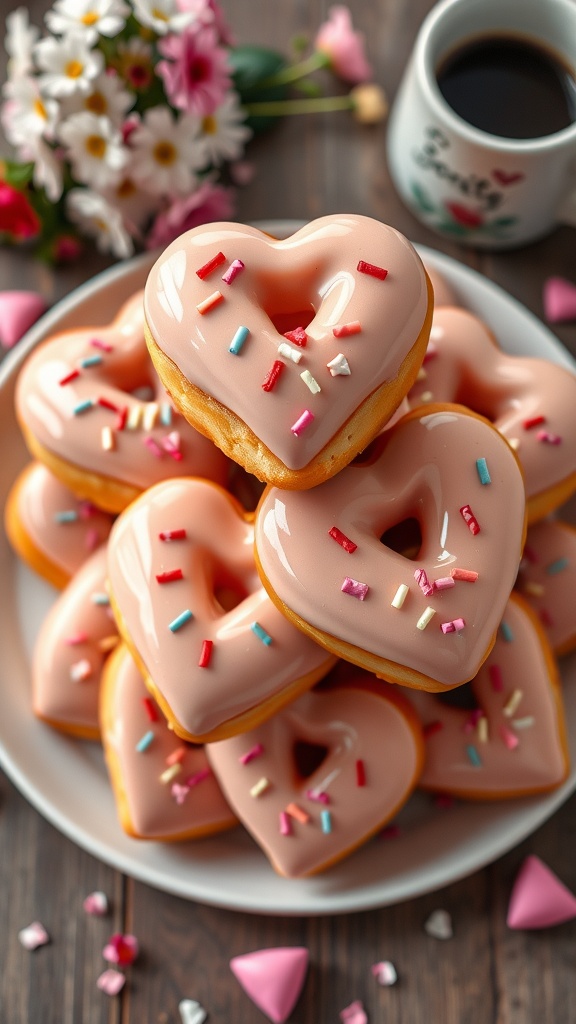 Sweet Heart-Shaped Donuts Recipe A plate of heart-shaped donuts with colorful glaze and sprinkles, arranged in a cozy setting.