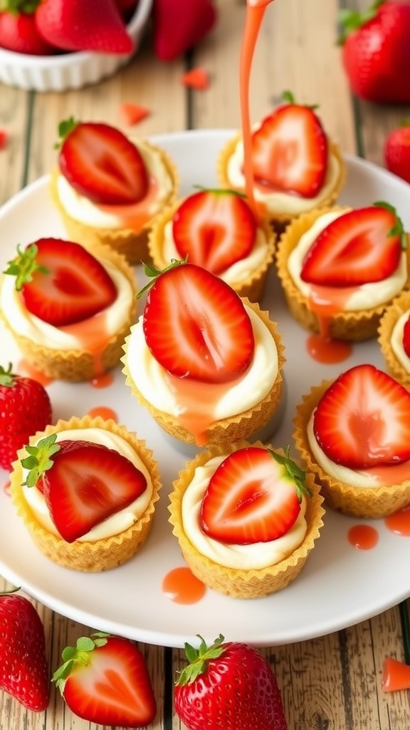 No-bake strawberry cheesecake bites with graham cracker crust and fresh strawberry topping on a white plate.