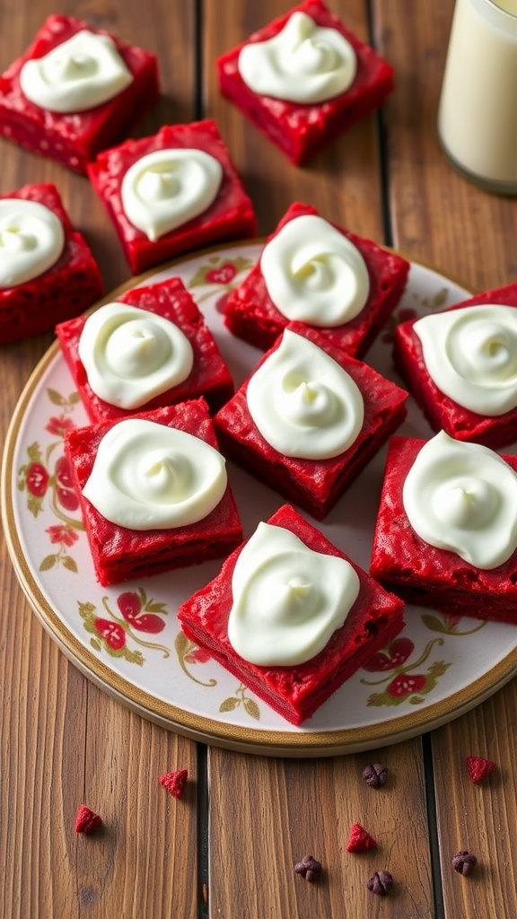 A plate of red velvet blondies with cream cheese frosting, set on a rustic wooden table.