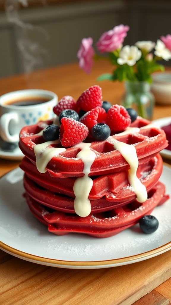 A delicious stack of red velvet waffles topped with cream cheese frosting and fresh berries on a breakfast table.