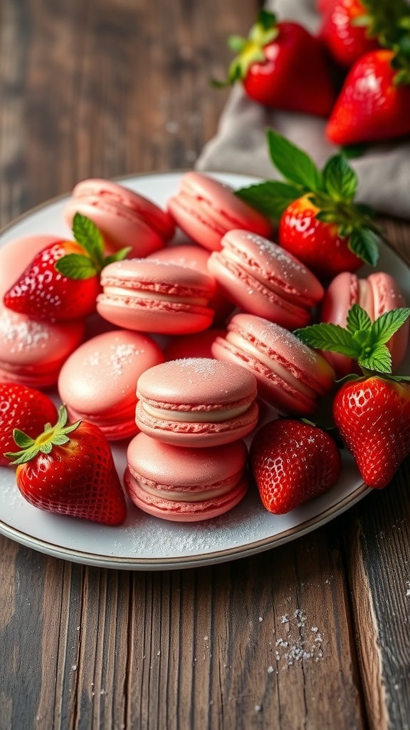 A plate of pink strawberry macarons with creamy filling and fresh strawberries on a wooden table.