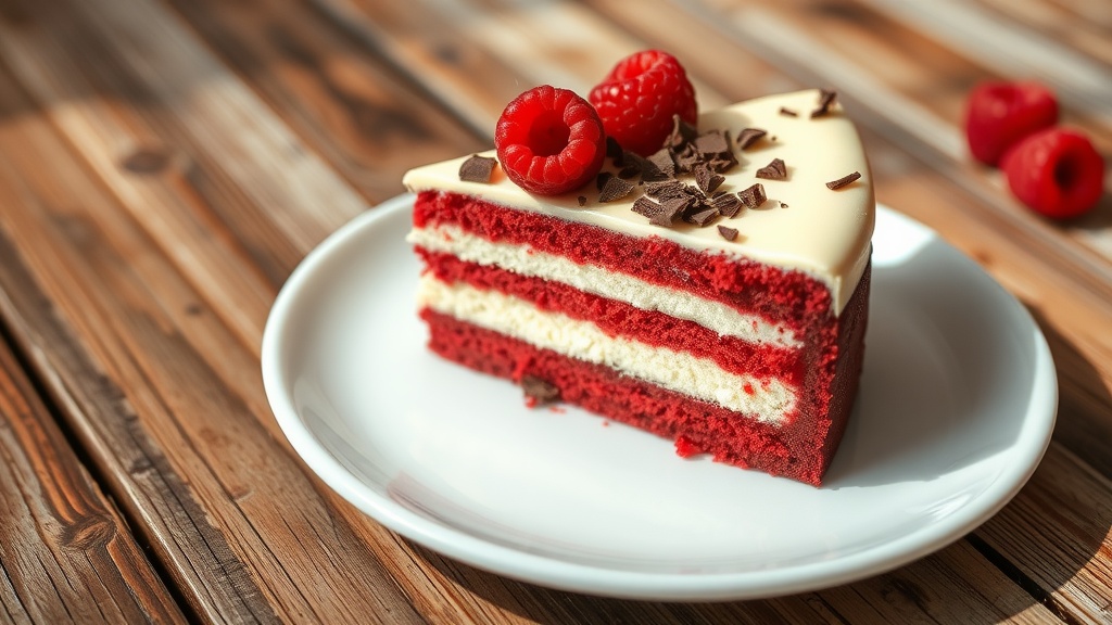 A slice of red velvet cheesecake topped with chocolate shavings and raspberries, served on a plate.