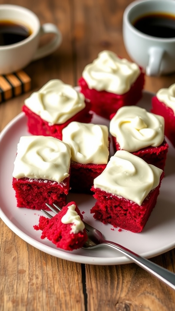 Red velvet brownies with cream cheese frosting on a rustic wooden table.