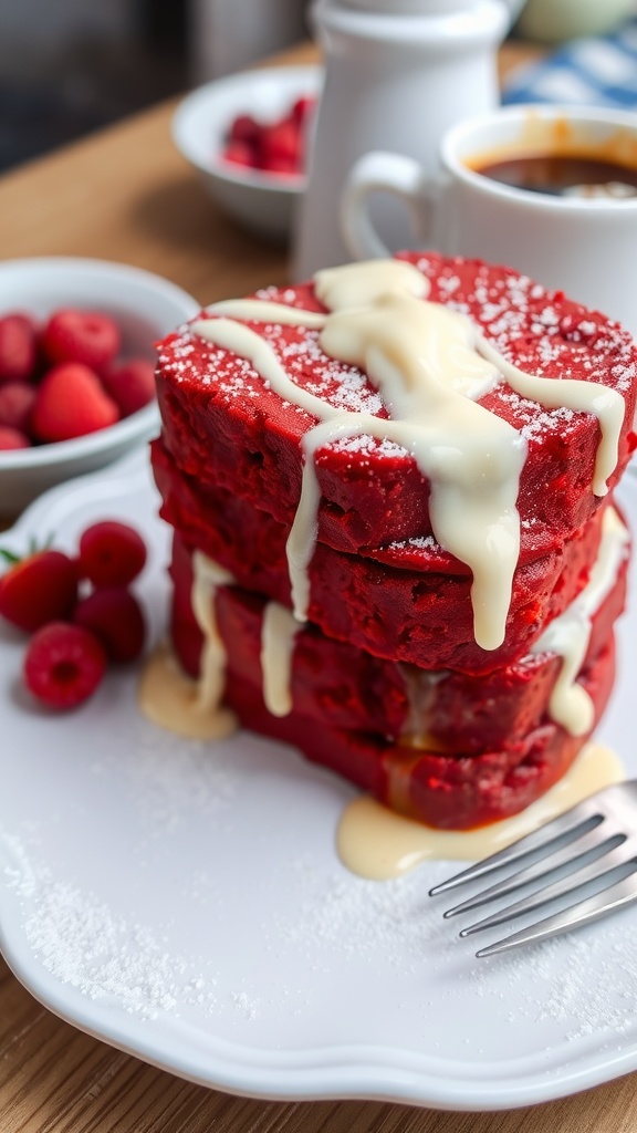 Stack of red velvet French toast topped with cream cheese frosting and powdered sugar, served with coffee and berries.