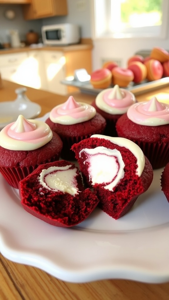 A close-up of red velvet muffins with cream cheese swirl on a plate, in a warm kitchen setting.