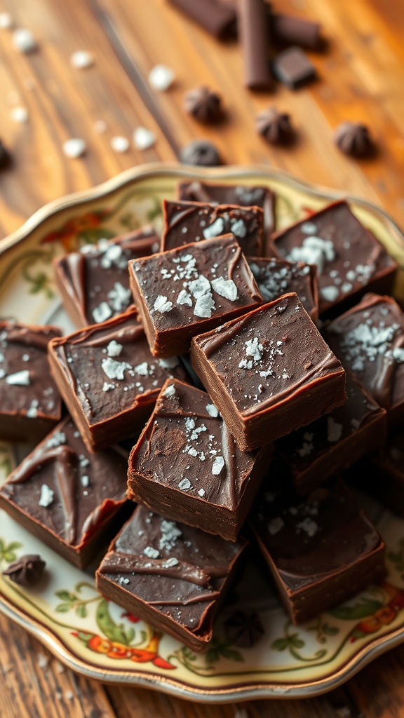 Decadent chocolate fudge squares on a plate, garnished with sea salt and chocolate shavings.