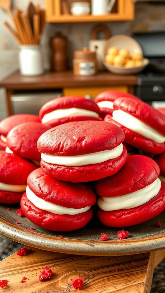 Red velvet whoopie pies with cream cheese filling on a rustic plate, set in a cozy kitchen.