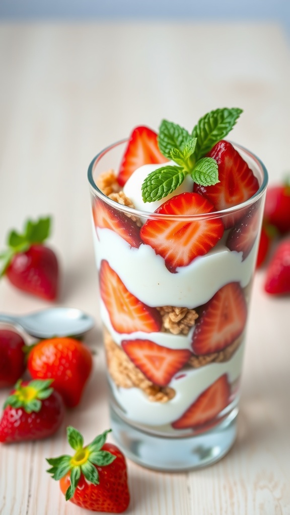 Layered strawberry parfait in a glass with strawberries, yogurt, and granola, garnished with mint leaves.