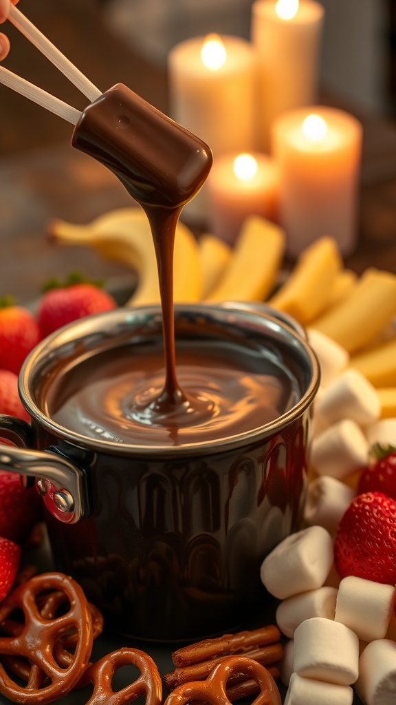 A pot of dark chocolate fondue surrounded by strawberries, marshmallows, and pretzels, with skewers ready for dipping.