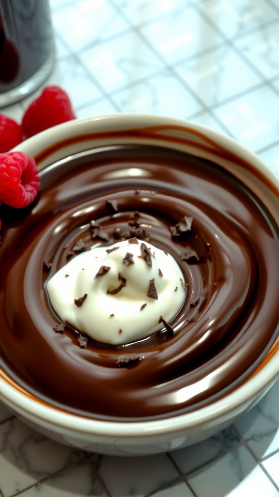 A bowl of dark chocolate pudding topped with whipped cream, chocolate shavings, and raspberries on a dining table.