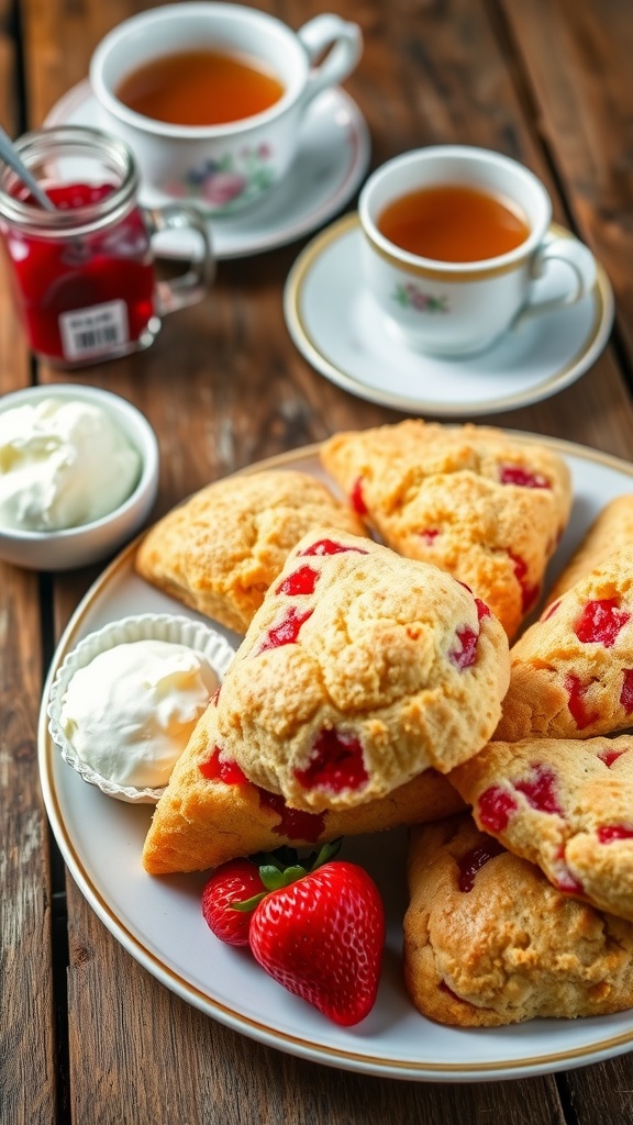 Freshly baked strawberry scones with clotted cream and strawberry jam on a wooden table.