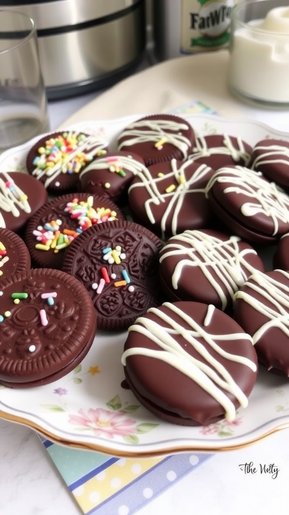 Chocolate covered Oreos on a decorative plate, some with sprinkles and drizzled chocolate.