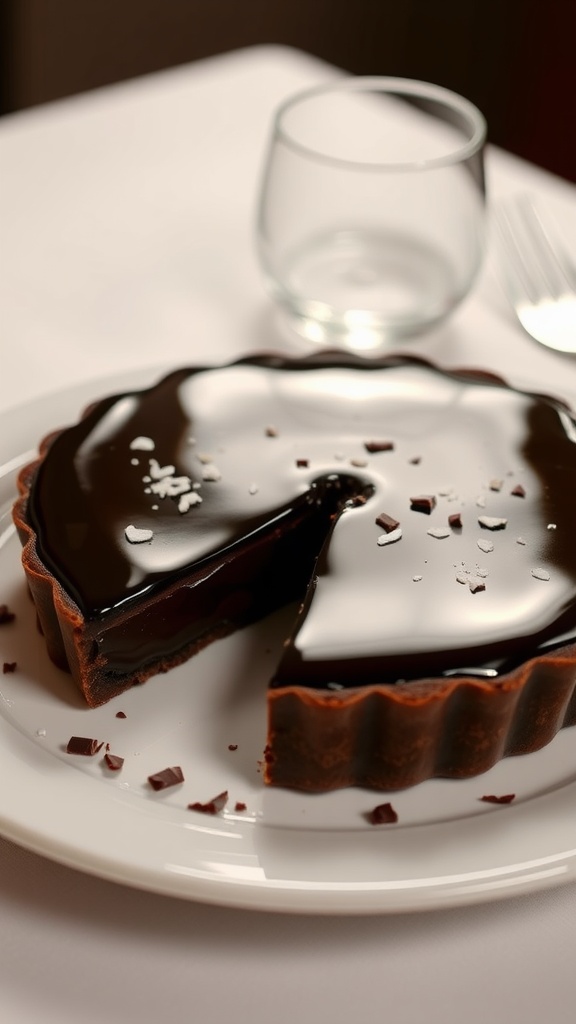 A dark chocolate tart with a glossy filling, garnished with sea salt and chocolate shavings on a white plate.