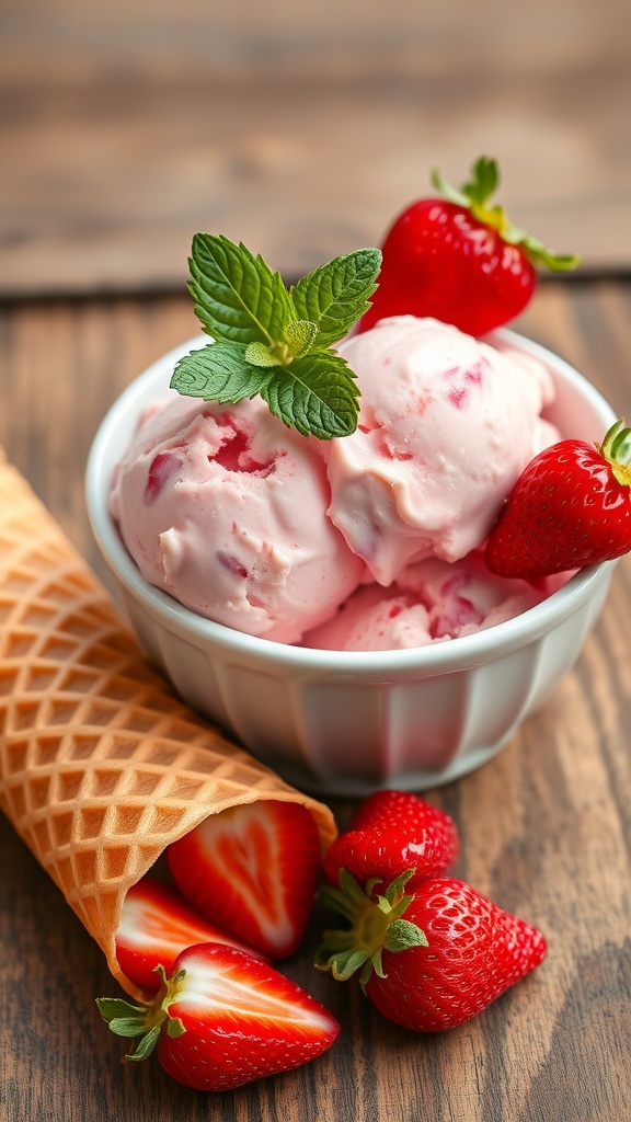 A bowl of strawberry ice cream with fresh strawberries and mint on a wooden table.