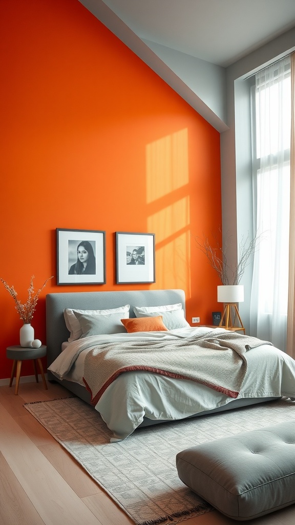 A modern bedroom showcasing an accent wall painted in bold orange, featuring stylish decor and a cozy bed.